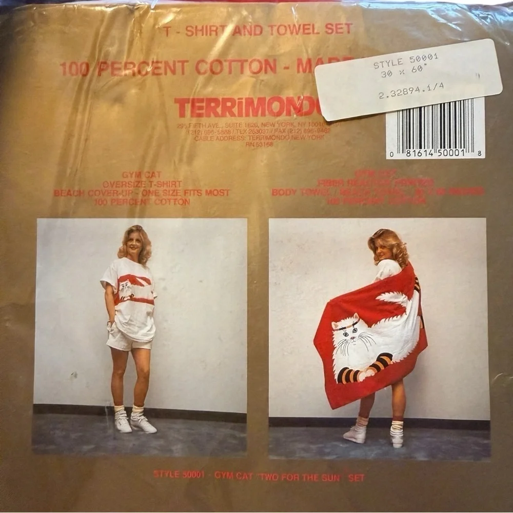 Vintage dead stock Gym Cat Red and White Terrimond Towel Set with Coverup Tee OS